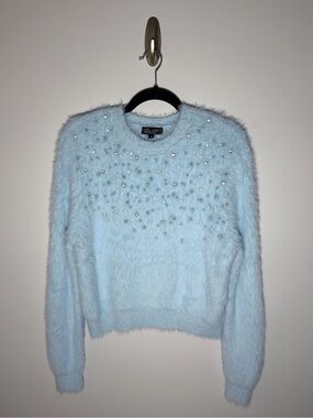 On 12th Baby Blue Faux-Fur Crewneck Sweater with Bead Embellishments Large
